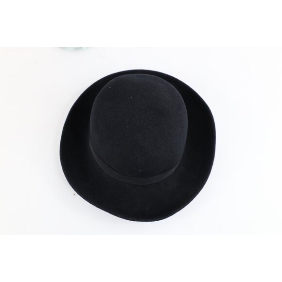 Vintage 70s 80s Ribbon Bow Felt Wool Bowler Hat Cap Black Womens OSFM USA